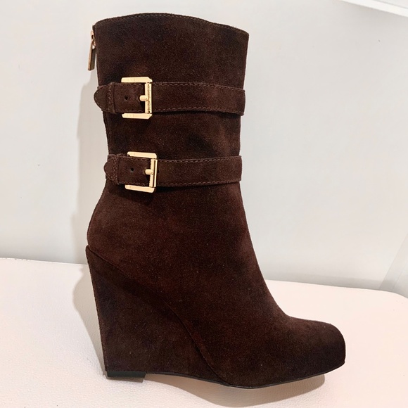 Michael Kors Parker Brown Suede Leather Wedge Bootie Exposed Zip Ankle Boots 7.5 - Picture 16 of 16